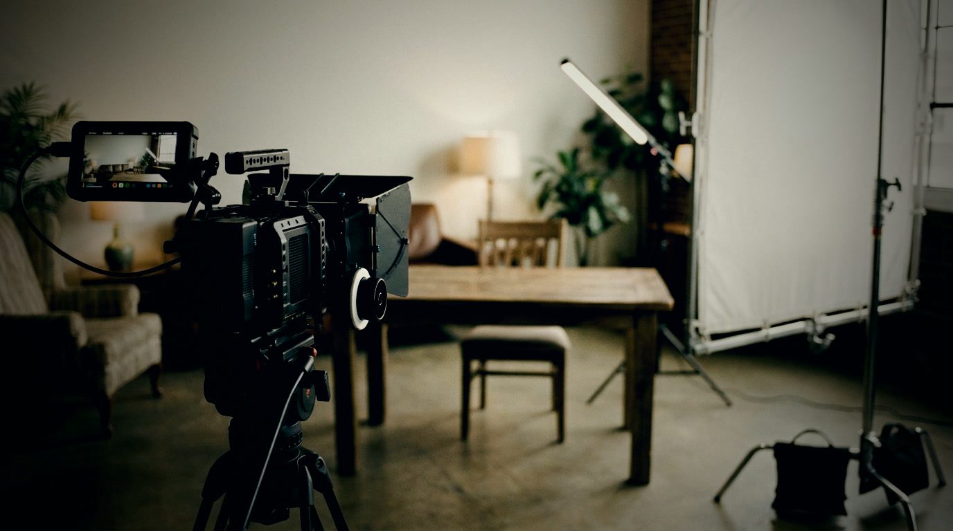 A cinema camera on a tripod with a monitor, an LED light, and a diffusion frame set up for an interview at a wooden table