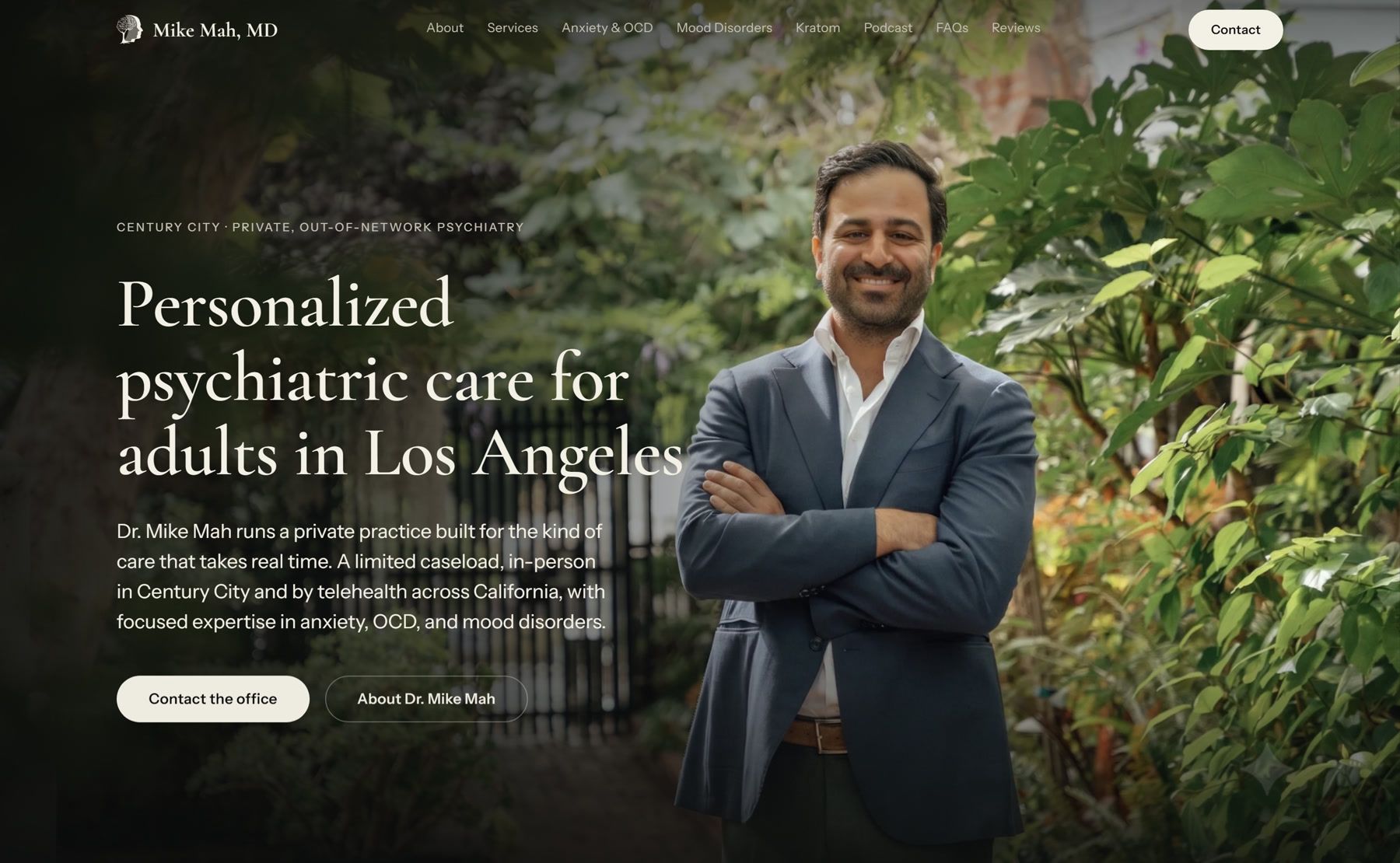The mahmd.com homepage: Dr. Mike Mah standing in a garden beside the headline, Personalized psychiatric care for adults in Los Angeles.