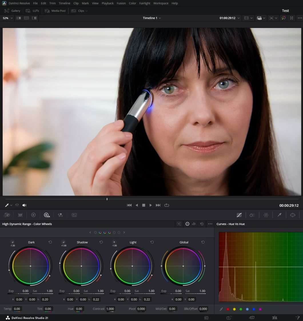 Jeffrey's DaVinci Resolve color page: a skincare commercial frame in the viewer above the color wheels